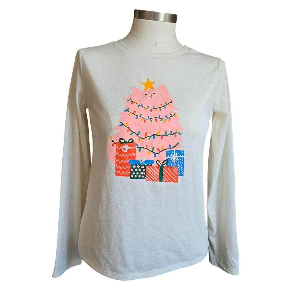 Girls Cat & Jack Holiday Cat Long-Sleeve Graphic Tee PJ Top Cream/Pink JJ4000